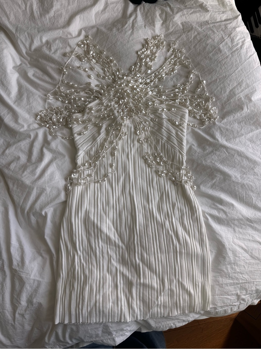 cult gaia OLIVIANA Ivory Pearl-Strand Ribbed Mini Dress - Picture 4 of 6
